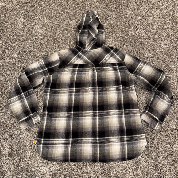 Carhartt Youth Large Hooded Flannel Shirt Plaid Button-Up Black Gray Boys Girls - Picture 2 of 6